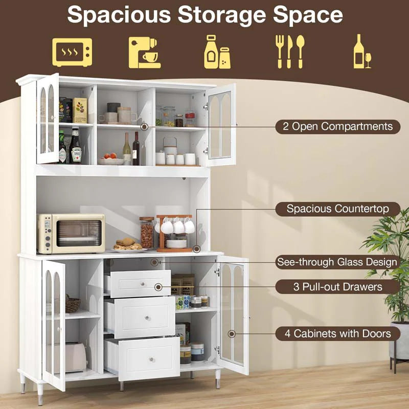 73" Kitchen Pantry Buffet Cabinet for Dining Room, Kitchen Hutch Storage Cabinet with LED Lights and Charging Station