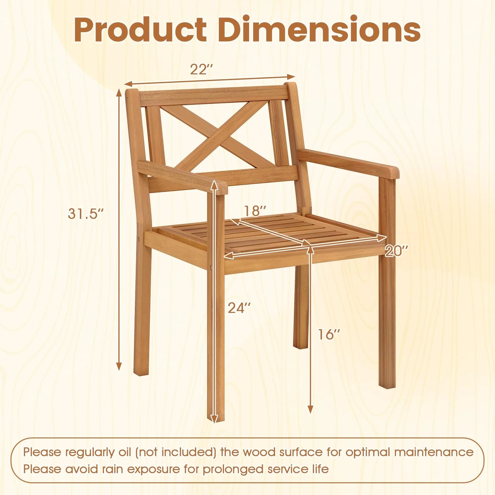 Tangkula Acacia Wood Patio Dining Chairs Set of 2/4 with 400 lbs Capacity