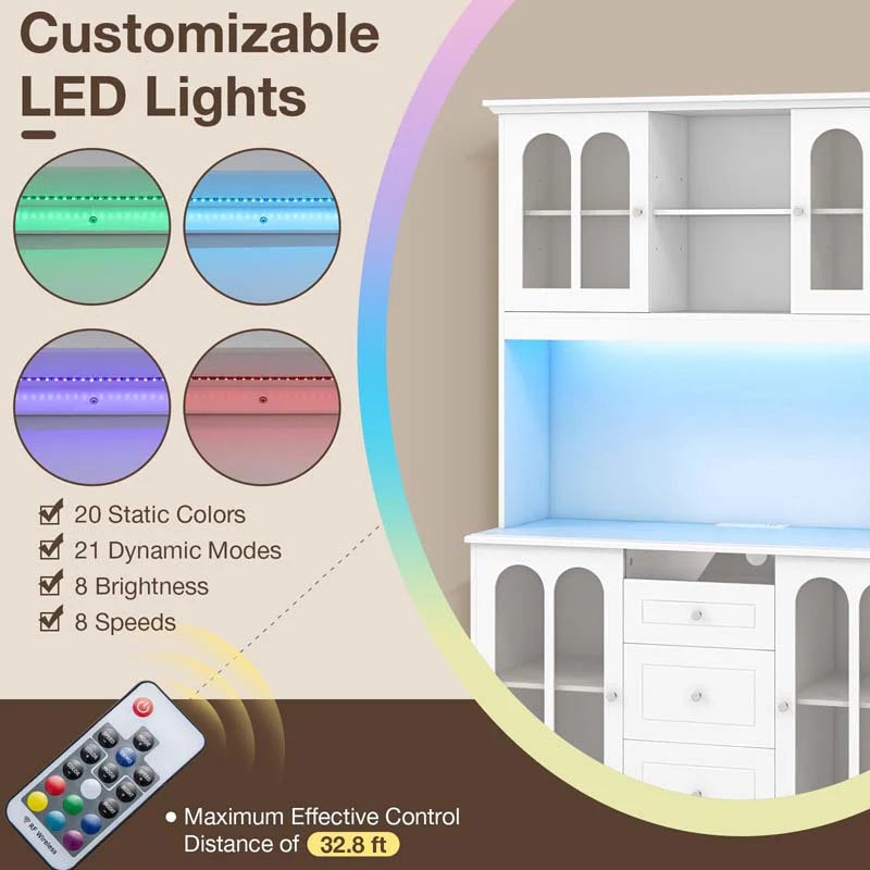 73" Kitchen Pantry Buffet Cabinet for Dining Room, Kitchen Hutch Storage Cabinet with LED Lights and Charging Station