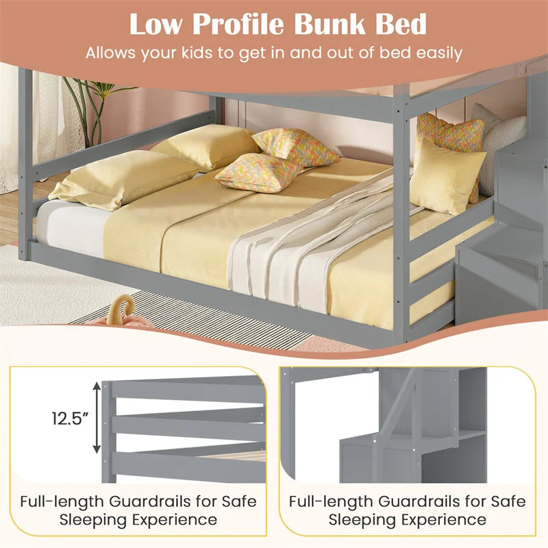Full Over Full Bunk Bed with Storage Stairs, Solid Wood Floor Bunk Bed with Full-Length Guardrails, Low Bunk Bed with for Kids Teens Adults