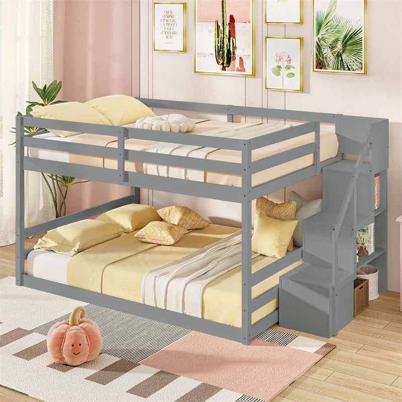 Full Over Full Bunk Bed with Storage Stairs, Solid Wood Floor Bunk Bed with Full-Length Guardrails, Low Bunk Bed with for Kids Teens Adults