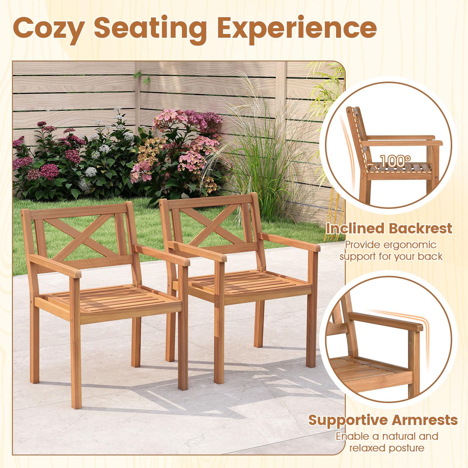 Tangkula Acacia Wood Patio Dining Chairs Set of 2/4 with 400 lbs Capacity