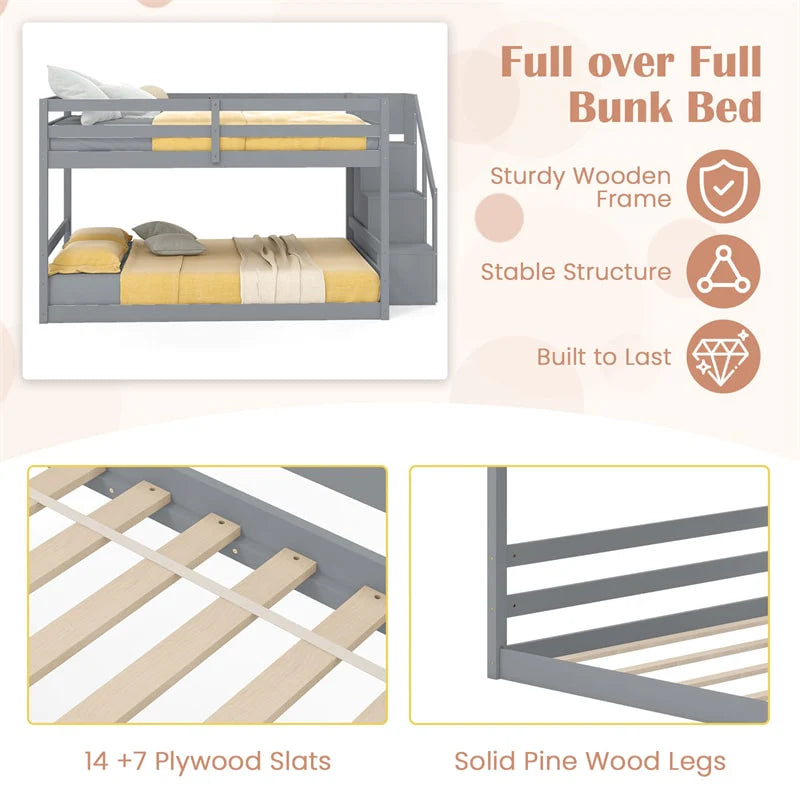 Full Over Full Bunk Bed with Storage Stairs, Solid Wood Floor Bunk Bed with Full-Length Guardrails, Low Bunk Bed with for Kids Teens Adults
