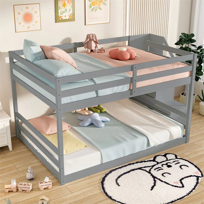 Full Over Full Bunk Bed with Storage Stairs, Solid Wood Floor Bunk Bed with Full-Length Guardrails, Low Bunk Bed with for Kids Teens Adults